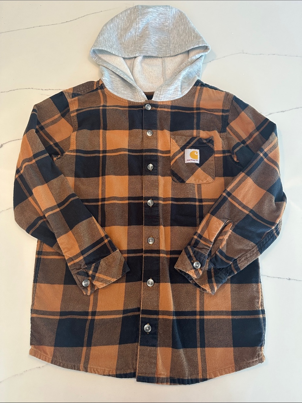 Carhartt Kids Plaid Hooded Button-Up Shirt - Brown & Black with Gray Hood